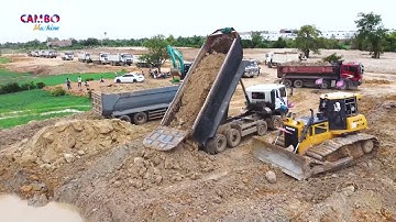 Perfectly! Skill Driver Dozer SHANTUi DH17c2 Pushing soil filling Deep pond & Dump Trucks unloading
