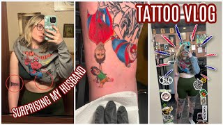 *Tattoo SURPRISE* for My Husband & Continuing My Spider-verse Piece | TATTOO VLOG