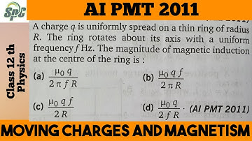 A charge q is uniformly spread on a thin ring of radius R . The ring rotates about its axis with a u