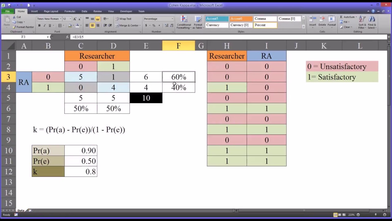 Calculating and Interpreting Cohen's Kappa in Excel YouTube