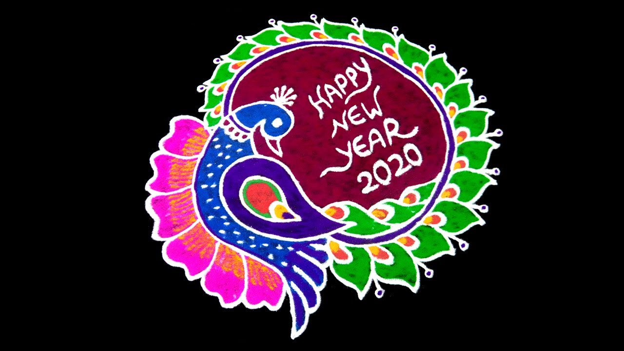 New Year Rangoli 2020 || New Year Special Peacock Kolam || Simple ...
