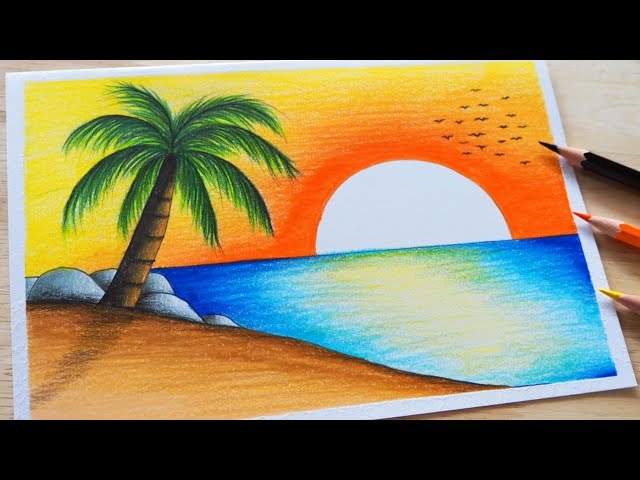 รูป ธรรมชาติ การ์ตูน ง่ายๆ วาดรูปธรรมชาติ ทะเลสวยๆง่ายๆสีไม้ |Easy Scenery | Easy Sunset scenery Drawing - YouTube
