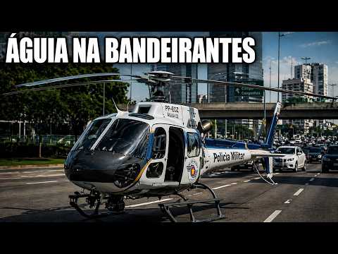 Helicóptero Águia da Polícia Militar pousa na Avenida dos Bandeirantes em São Paulo