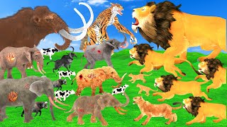 10 Zombie Elephant vs 10 Giant Lion Attack Cow Buffalo Dog Pig Saved By Woolly Mammoth vs Tiger Wolf