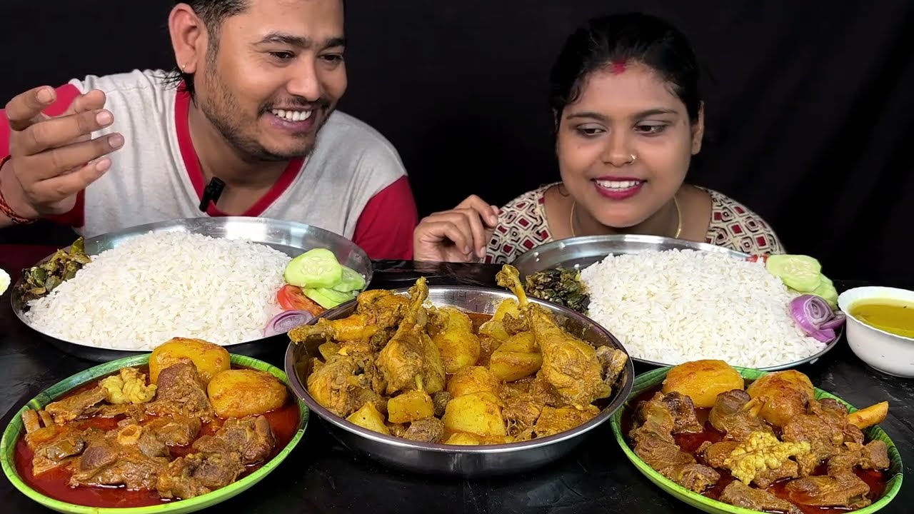 mutton curry, country chicken curry, dal , vaja and rice eating show