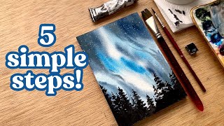 Watercolor northern lights landscape in 5 simple steps