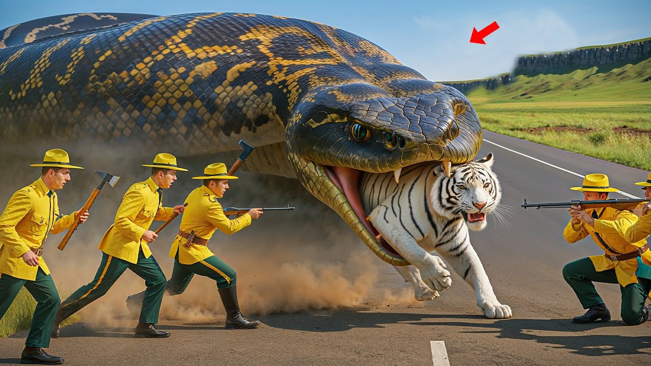 Brave heroes fight giant python to save lone white tiger