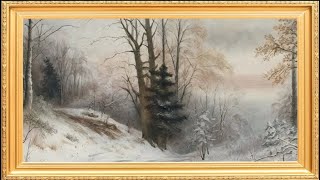 Winter's Embrace: A Snowy Forest Path gold frame tv art water color canvas wallpaper background screenshot 3