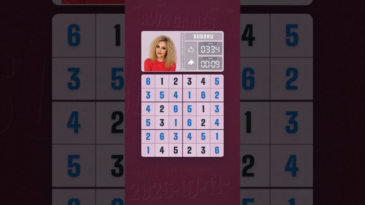 LinkedIn Mini Sudoku #334 solved board for July 11, 2026, 6x6 grid
