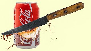 Одним ударом ножа разрезал банку Coca Cola