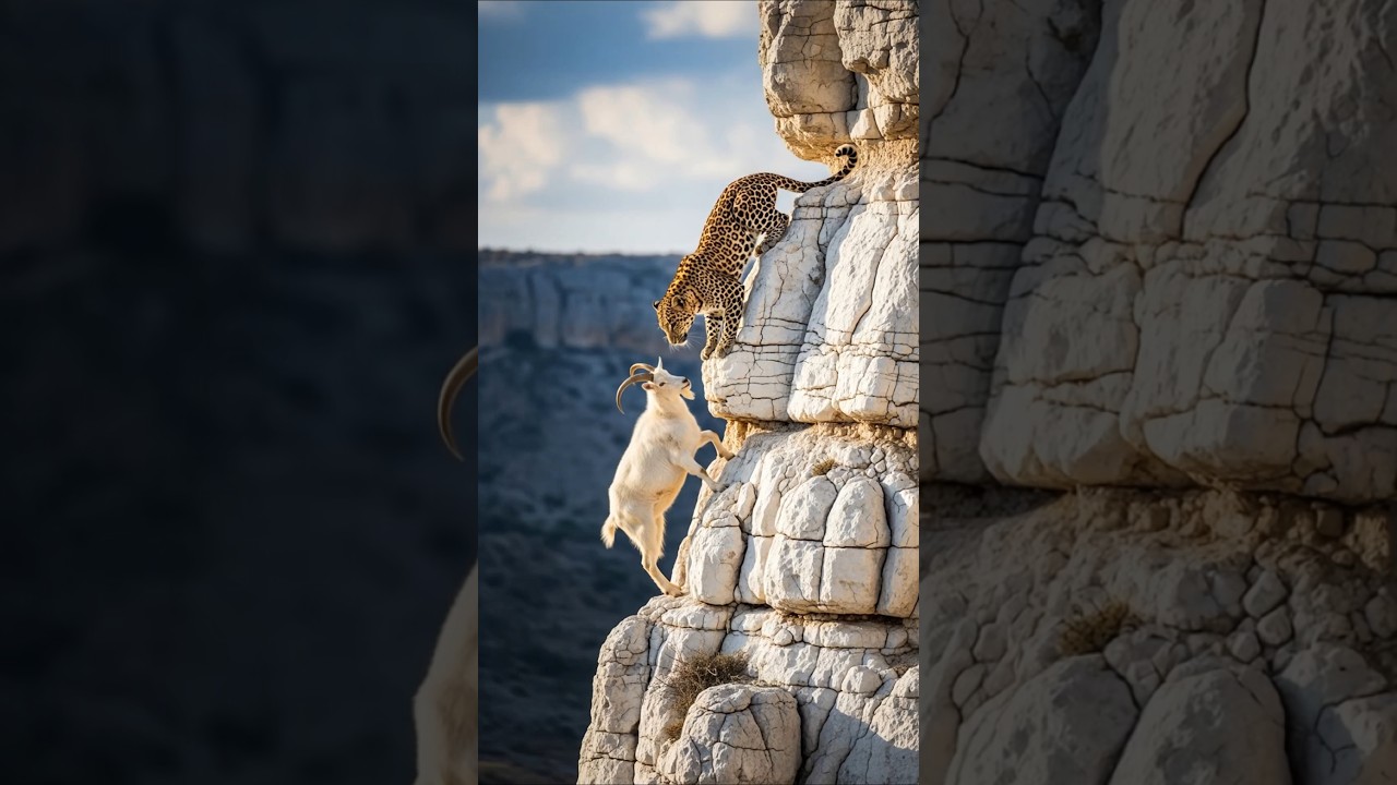 Leopard vs Goat: Climbing the Steep Rock Face 🐆🐐