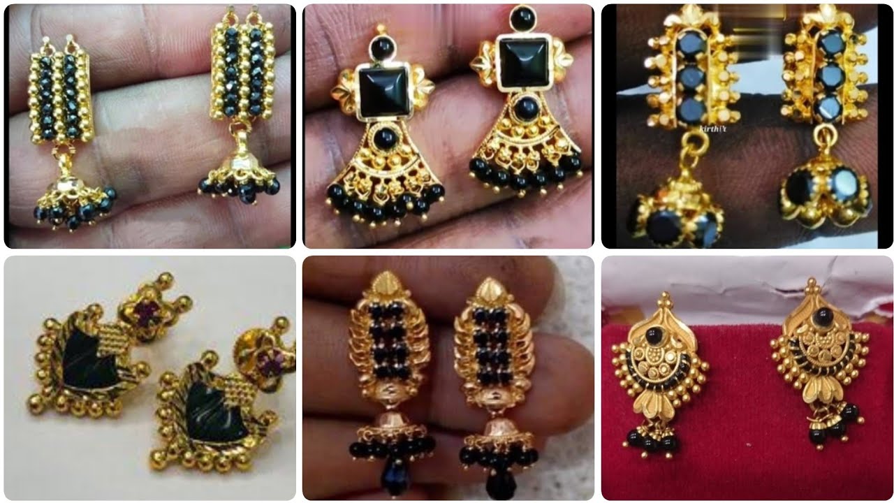 gold black beads earrings designs || gold nallapusala earrings | Black  stone earrings, Black beaded jewelry, Pearl earrings designs