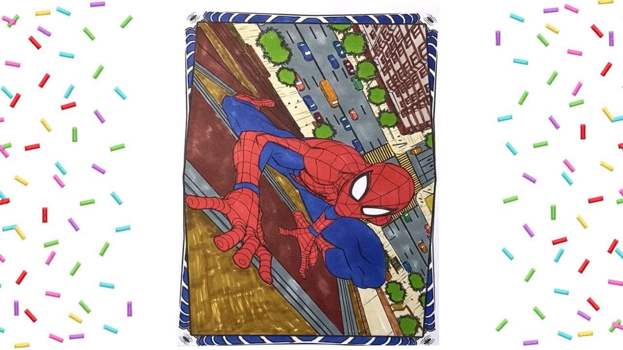Coloring Spiderman Climbing a Building / Coloring Page with Markers ...