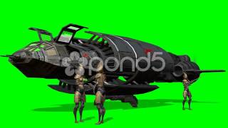 Aliens In Front Of Her Spaceship After Landing - Green Screen - 4K
