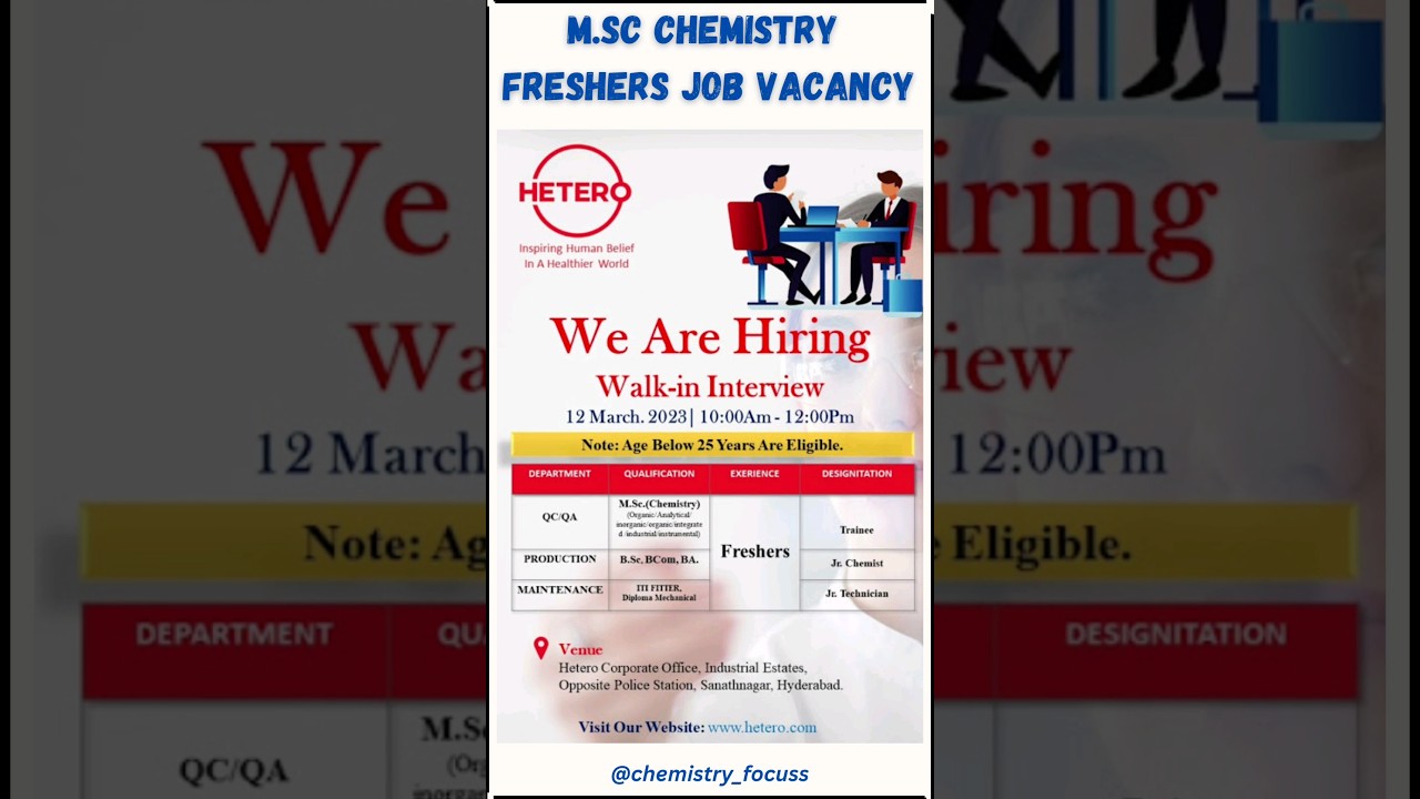 Msc Chemistry Fresher Job vacancy at Hetero Hyderabad. 