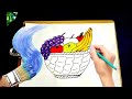 رسم سلة فاكهة بالخطوات مع التلوين بالوان الماركر Fruit Basket Drawing 