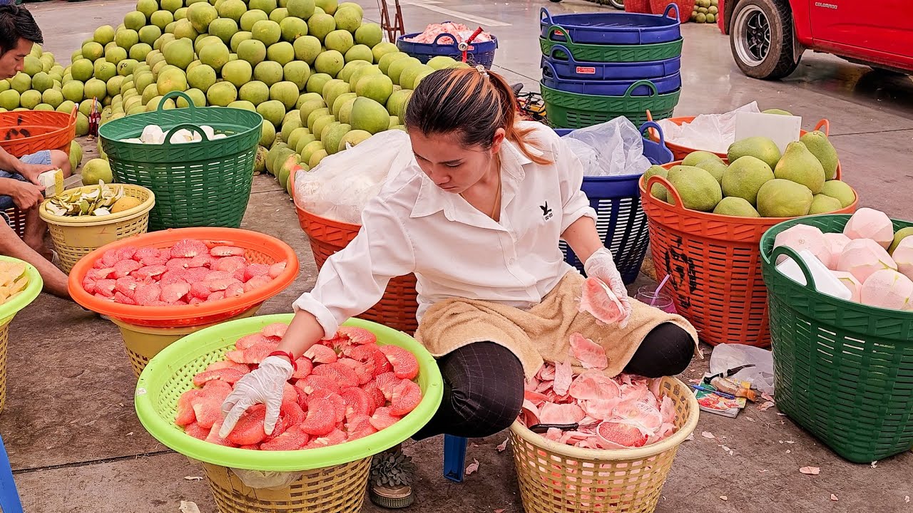 Amazing Giant Orange! Fresh Pink Pomelo Fruit Cutting Skills / Thai Street Food