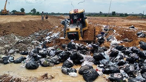 Amazing Best Action!! Operator Clear Garbage Dump Waste Construction Stone By Skills Dozer In Water