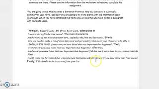 Novel Summary Worksheet