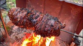 Cooking with fire! BEEF Top Round on a 30+ year old homemade rotisserie!