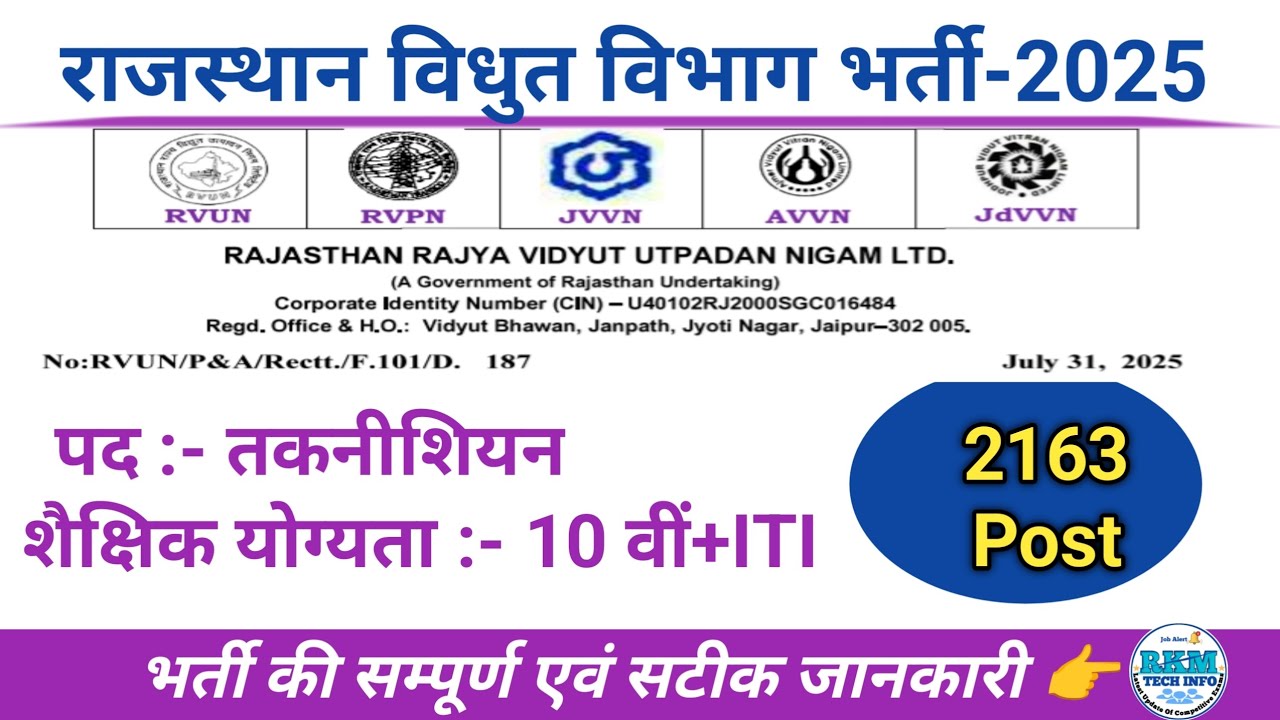 राजस्थान विधुत विभाग में 2163 पदों की भर्ती | RVUN | RVUNL JVVNL JdVVNL ...