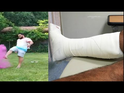 Idiot breaks his foot during a gender reveal. This video is something else!