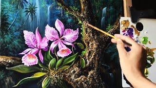 Orchid flowers in the tropical rainforests with Acrylic paints (40 x 50cm)