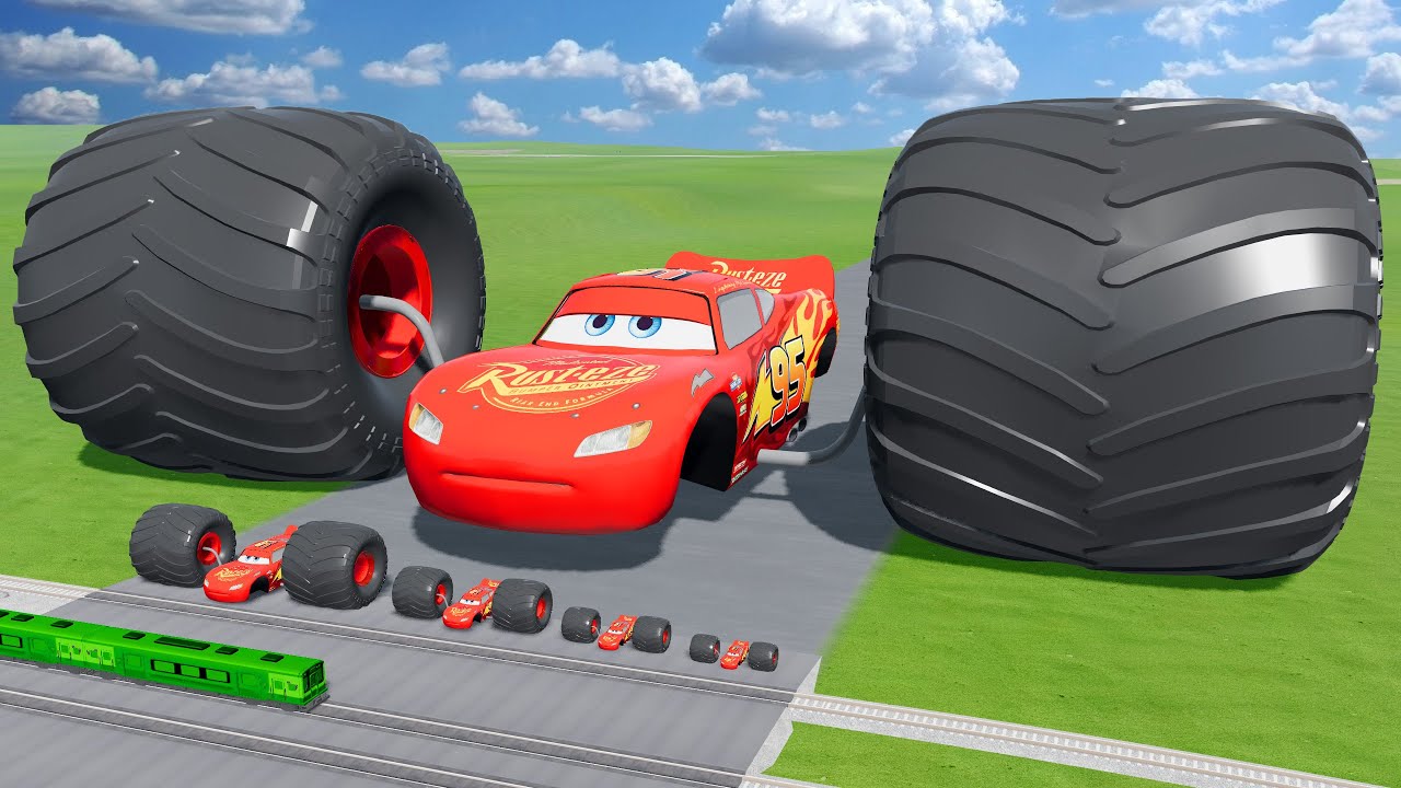 Big & Small McQueen Spider with Monster Wheels VS Train | BeamNG.drive