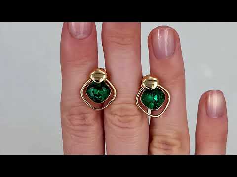 Сережки з кристалами Swarovski 48652 розмір 16х14 мм колір смарагдовий вага 3.3 г позолота 18К, видео 1