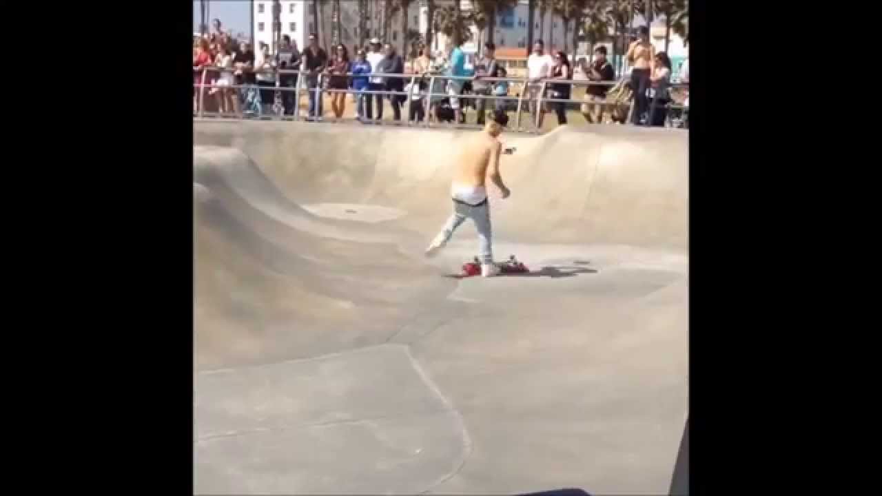 Shirtless Justin Bieber with Yovanna Ventura & Steve-O as clown skateboarding in LA - May 5, 201