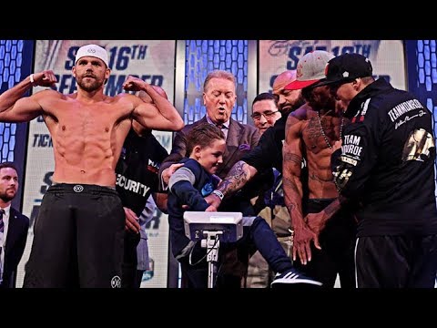 (WOW) LOW BLOW! -BILLY JOE SAUNDERS SON PUNCHES WILLIE MONROE JR IN THE BALLS & KICKS HIM @ WEIGH IN