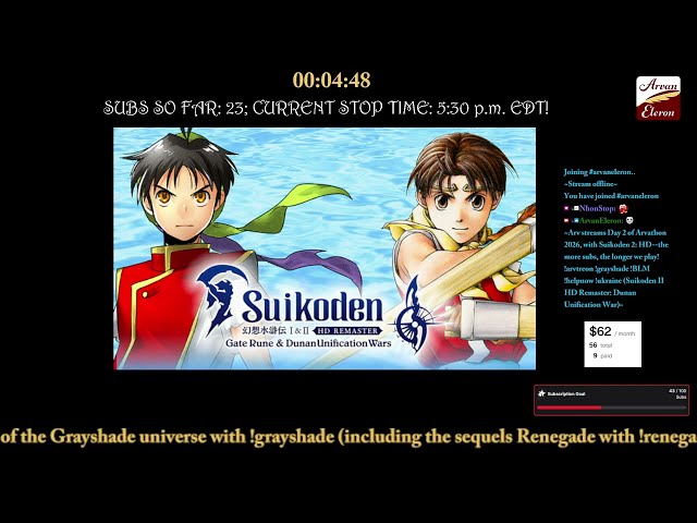 Arv streams Day 2 of Suikoden 2: HD Remaster, as part of Arvathon 2026!