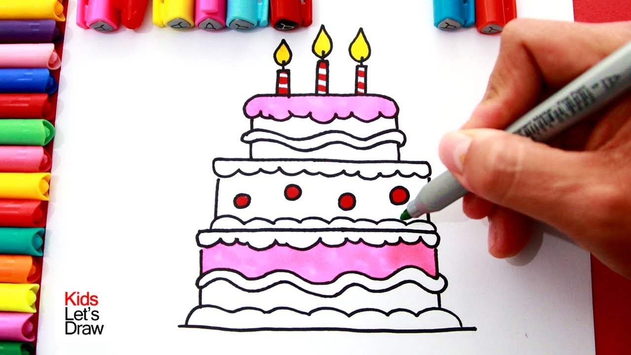 Dibujo de una TORTA de Cumpleaños de 3 PISOS de muchos colores - thptnganamst.edu.vn