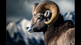 Big horn sheep balances along the mountainside