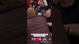 Donovan Mitchell dives into the crowd and Reggie Miller helps him out 🔥 #NBAHighlights #NBAPlayoffs