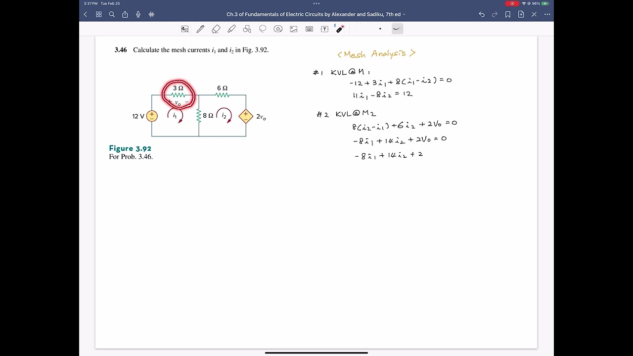 Problem 3.46 (1) Mesh Analysis, Fundamentals of Electric Circuits, 7th ed, Alexander / Sadiku