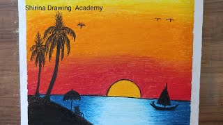 How to Draw  Sunset  Scenery  for Beginner's with  Oil Pastel Step  by Step || Scenery  Drawing