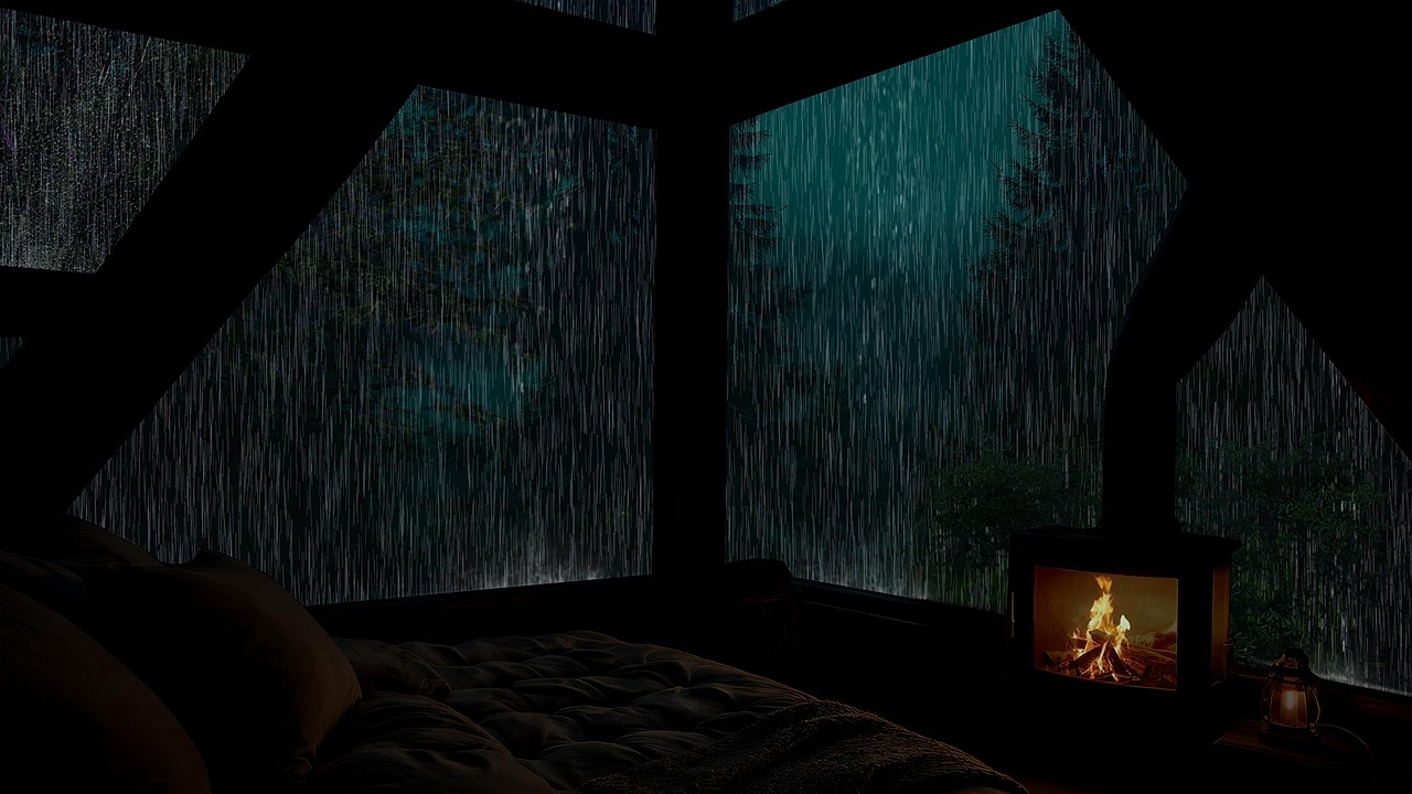 Relaxing Rainfall in a Quiet Forest Cabin with Cozy Fireplace Sounds ...