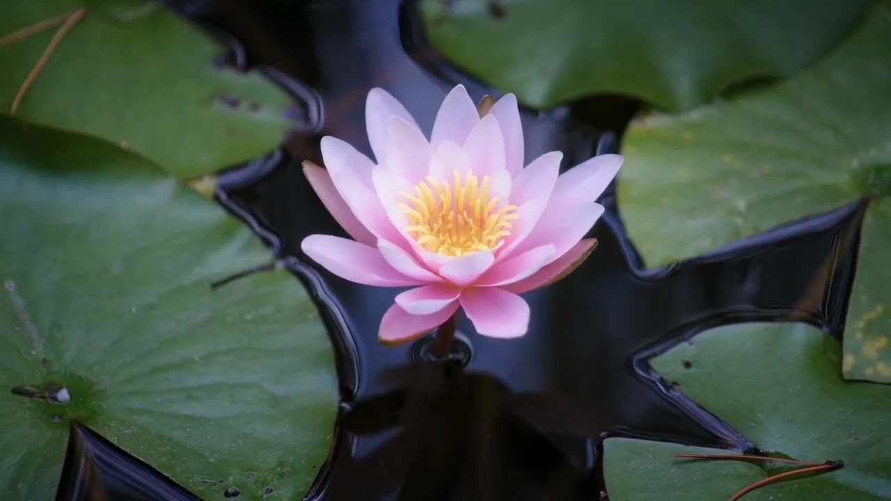 A pink water lily on a dark pond, the opening picture of the video