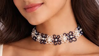 Beautiful Beaded Flower Necklace Tutorial | DIY Handmade Pearl Necklace 💙🤍