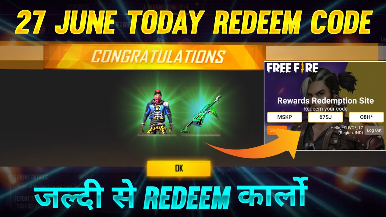 FREE FIRE REDEEM CODE TODAY 27 JUNE | FF NEW REDEEM CODE TODAY | NEW REDEEM CODE TODAY | LOL EMOTE