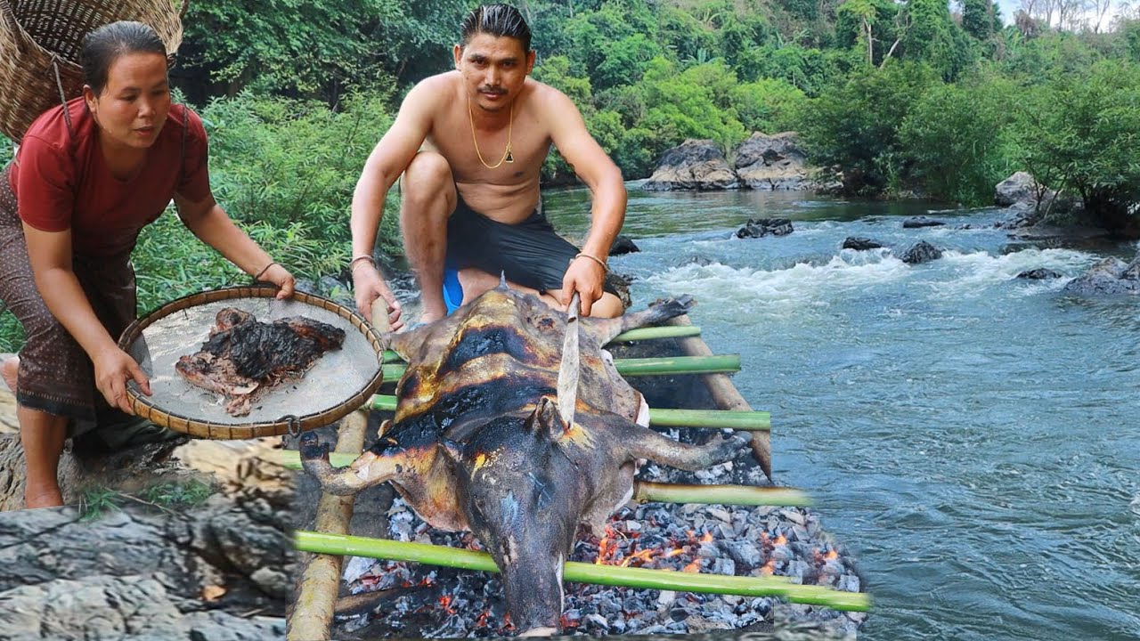 Adventure in the forest - Woman found pig for cook on the rock eat with man  - Eating delicious