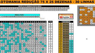 PLANILHA LOTOMANIA REDUÇÃO 75 POR 25 DEZENAS 30 LINHAS