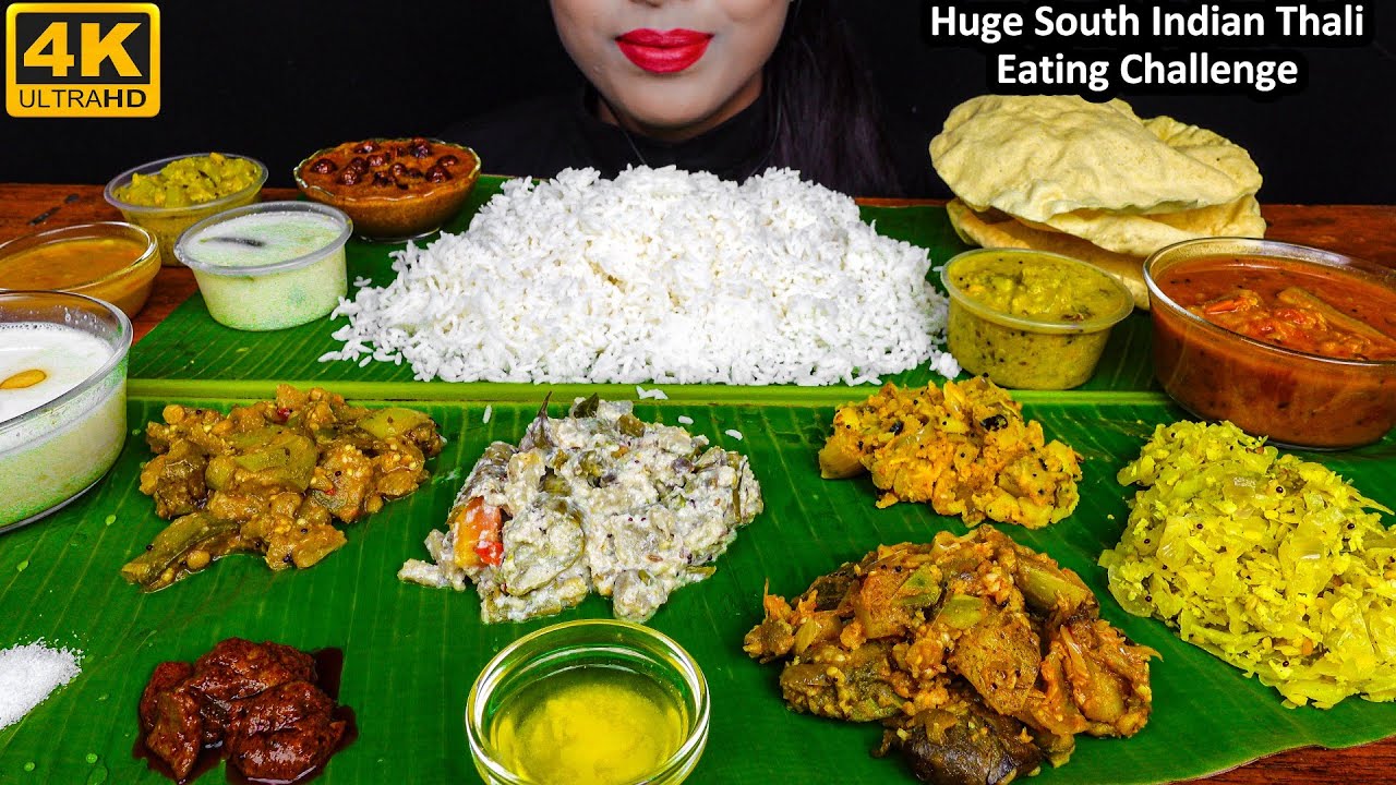 ASMR SOUTH INDIAN THALI RICE,SAMBAR,KHEER,FRIED VEG DISH,BUTTERMILK ASMR EATING FOOD CHALLENGE VIDEO
