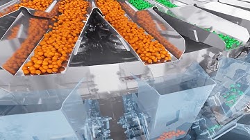 3D animation shows how multihead weighing system three layers 16 heads  weigher works