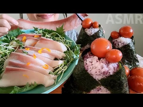 【鰤の刺身ときんかんのおにぎり】を頂きます。Yellowtail Sashimi，Kinkan Onigiri（immature eggs in ovaries & fallopian tubes）