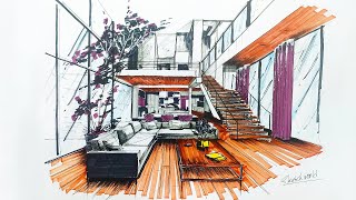 Sketching the interior of a modern house