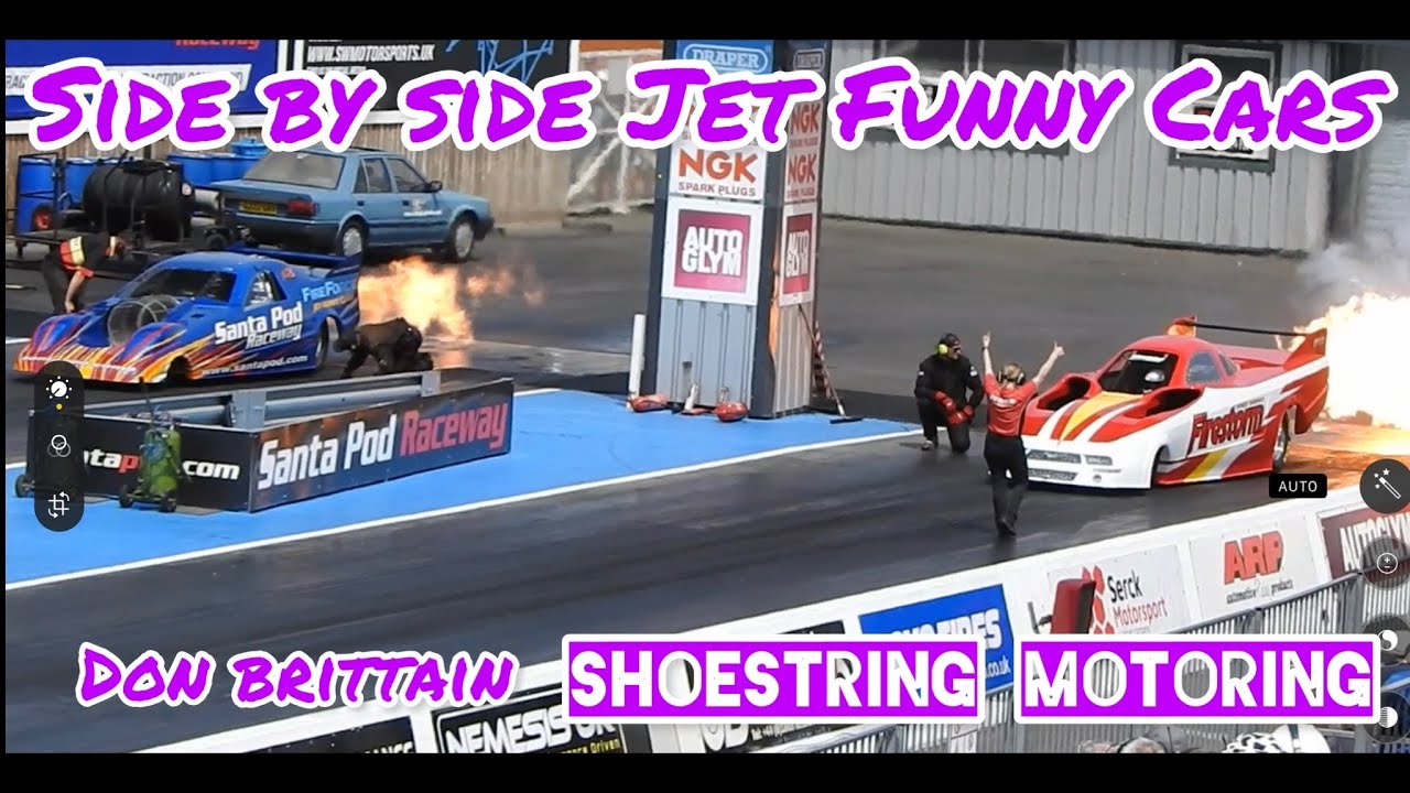 Two Jet Funny Cars racing side by side at Santa Pod Raceway - YouTube