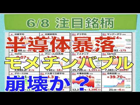 【6月8日】半導体指数暴落！モメチンバブル崩壊か！？【明日の注目株】