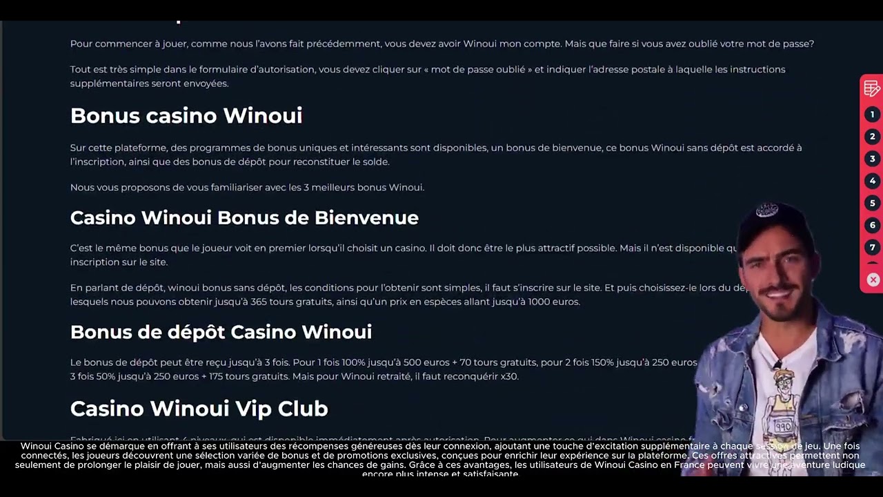 Interface du casino WinOui montrant les promotions actives
